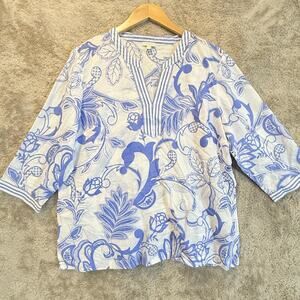 Talbots Blue White Popover Tunic Beach Coverup Lightweight Cotton Voile XLP